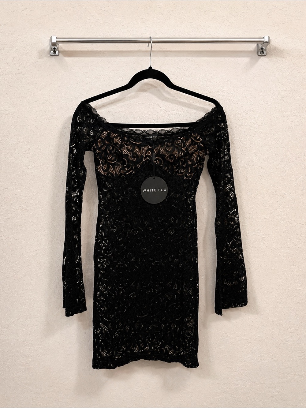 White Fox Black Sheer Lace Off Shoulder Mini Dress NWT